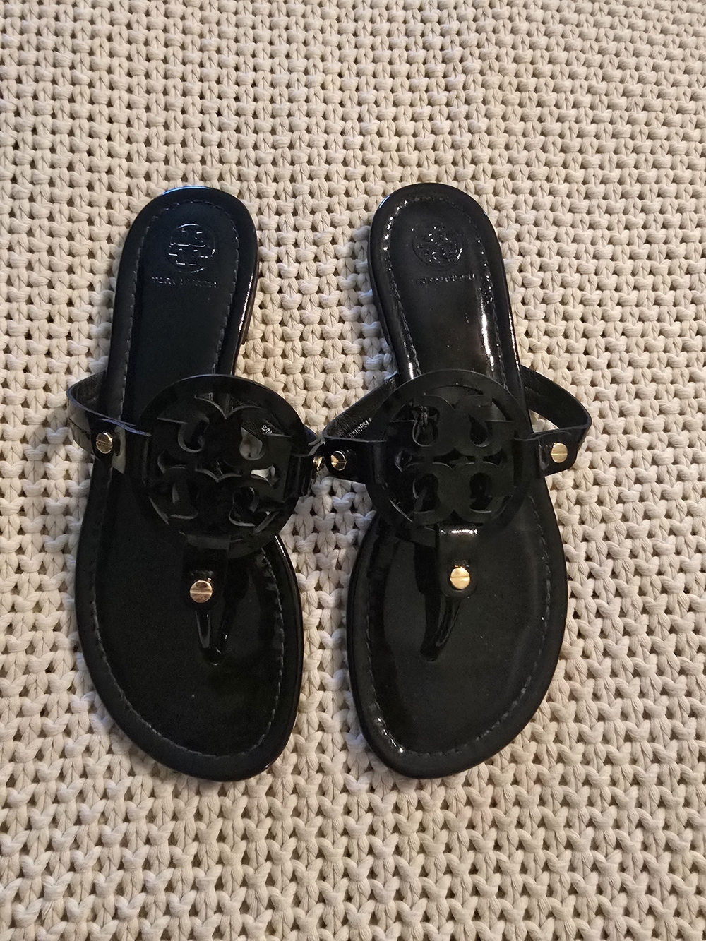 Black Patent Logo Medallion Thong Sandals